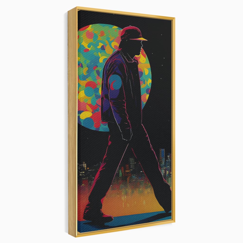 Tablou canvas cu silueta unui barbat mergand pe fundal urban, in rama de aluminiu auriu